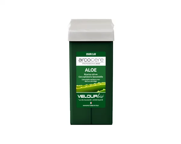 Wachspatrone Aloe Vera, mit Bio Haselnussöl. Professionelles Wachs von italienischer Marke ArcoCere, im Roll-On für die Haarentfernung.