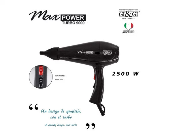 GI&GI MAX POWER, ein Haartrockner, ein Gerät zum Stylen und Trocknen von Haaren. GI&GI ist eine bekannte italienische Marke in der Haarkosmetikbranche und bietet eine breite Palette an Haarstylingsgeräten an, darunter Haartrockner, Lockenwickler, Glätteisen usw. Ein schöner Fön zu sehen und sehr praktisch zu bedienen.