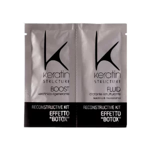 Keratin Struktur Boost + Fluid Keratin Reconstructive Kit Effetto Botox, ein Haarpflegeprodukt, das darauf abzielt, das Haar zu reparieren, zu stärken und ihm einen Effekt ähnlich dem von Botox zu verleihen.