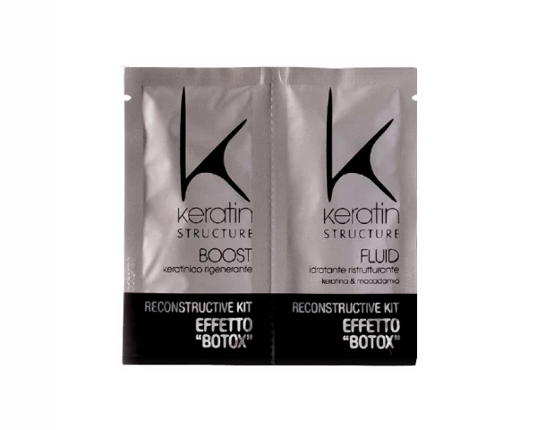 Keratin Struktur Boost + Fluid Keratin Reconstructive Kit Effetto Botox, ein Haarpflegeprodukt, das darauf abzielt, das Haar zu reparieren, zu stärken und ihm einen Effekt ähnlich dem von Botox zu verleihen.