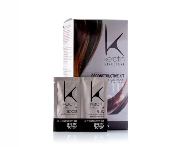 Keratin Struktur Boost + Fluid Keratin Reconstructive Kit Effetto Boto, ein Haarpflegeprodukt, das darauf abzielt, das Haar zu reparieren, zu stärken und ihm einen Effekt ähnlich dem von Boto zu verleihen.