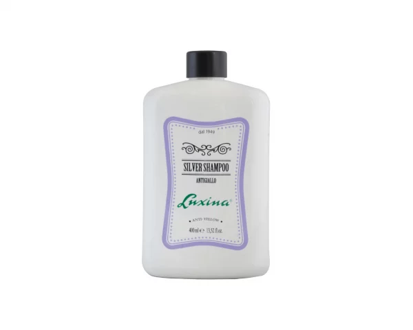 Luxina Silver Shampoo, ein Shampoo, von italienischer Marke Luxina, das entwickelt wurde, um das Haar zu entfärben und unerwünschte Gelbstiche in grauem, weißem oder blondem Haar zu neutralisieren.