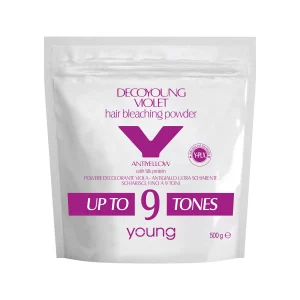 Young Decoyoung Violet, der italienischen Marke Young, ist ein ultraheller violetter Aufhellerpuder mit antigelber Wirkung. Anwendung: Gleichmäßig eine Portion Aufhellerpuder mit zwei Teilen 20, 30 oder 40 Volumen Sauerstoff in einem nichtmetallischen Behälter vermengen.