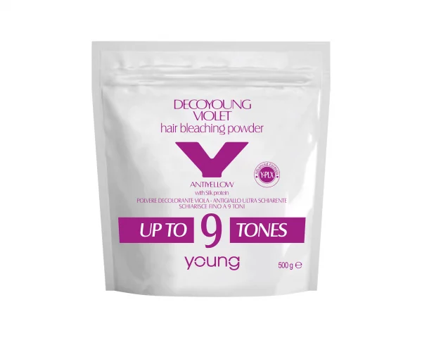 Young Decoyoung Violet, der italienischen Marke Young, ist ein ultraheller violetter Aufhellerpuder mit antigelber Wirkung. Anwendung: Gleichmäßig eine Portion Aufhellerpuder mit zwei Teilen 20, 30 oder 40 Volumen Sauerstoff in einem nichtmetallischen Behälter vermengen.