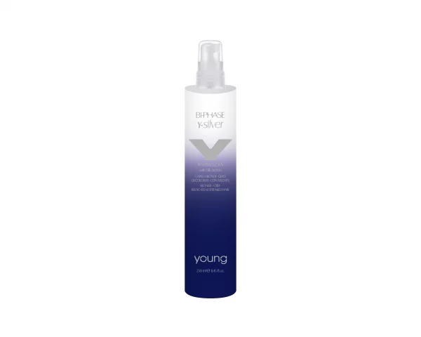 Young Y-Silver Bi-Phase, ein sofortiges Seidenprotein-Conditioning-Produkt, der italienischen Marke Young,  mit einem einzigartigen progressiven violetten Pigment.