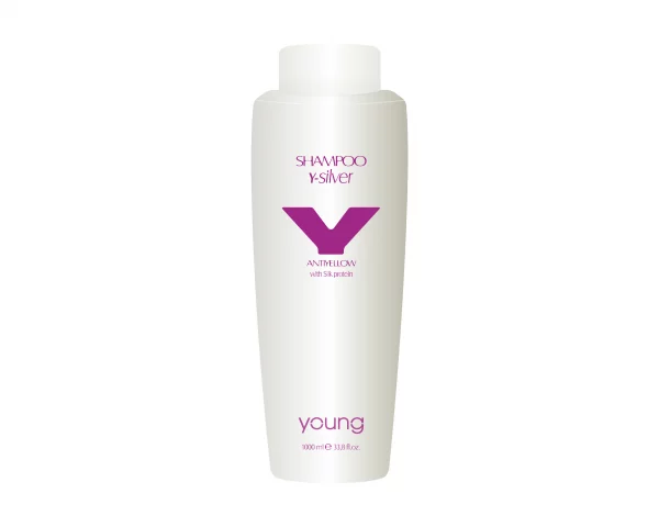 Young Y-Silver Shampoo, der italienischen Marke Young, zur Neutralisierung von Gelbstich für blondes, graues, gebleichtes und gesträhntes Haar.