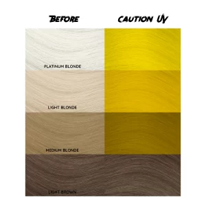 Crazy Color Caution UV 77 ist eine spezielle Haarfarbe aus der Crazy Color Produktreihe. Vorsicht UV ist nichts für schwache Nerven! Es handelt sich um einen leuchtend gelb Farbton, der unter UV-Licht oder Schwarzlicht intensiv leuchtet. Die Haarfarbe wurde entwickelt, um einen auffälligen Effekt zu erzeugen, wenn sie unter UV-Lichtbedingungen betrachtet wird.