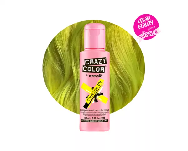 Crazy Color Caution UV 77 ist eine spezielle Haarfarbe aus der Crazy Color Produktreihe. Vorsicht UV ist nichts für schwache Nerven! Es handelt sich um einen leuchtend gelb Farbton, der unter UV-Licht oder Schwarzlicht intensiv leuchtet.