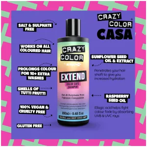 Das Crazy Color Extend Shampoo ist ein Shampoo der bekannten Marke Crazy Color und hilft, die Farbe vor dem Verblassen zu bewahren und verlängert die Lebensdauer der Haarfarbe. Es enthält spezielle Inhaltsstoffe, die helfen, die Haarfarbe einzuschließen und das Haar vor dem Ausbleichen durch Sonneneinstrahlung, Waschen und andere Umwelteinflüsse zu schützen.