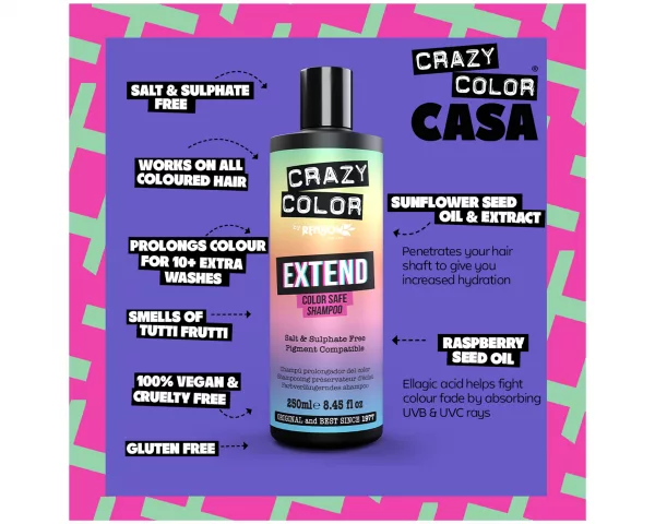 Das Crazy Color Extend Shampoo ist ein Shampoo der bekannten Marke Crazy Color und hilft, die Farbe vor dem Verblassen zu bewahren und verlängert die Lebensdauer der Haarfarbe. Es enthält spezielle Inhaltsstoffe, die helfen, die Haarfarbe einzuschließen und das Haar vor dem Ausbleichen durch Sonneneinstrahlung, Waschen und andere Umwelteinflüsse zu schützen.