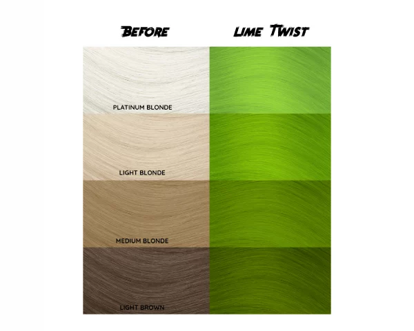 Crazy Color Lime Twist 68 ist eine spezielle Haarfarbe aus der Crazy Color Produktreihe. Verdrehen Sie Ihr Spiel mit diesem semi-permanenten lindgrünen Haarfärbemittel. Lime Twist ist ein helles Zitrus-Neongrün, das sie zum Innehalten und Starren bringen wird!