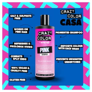 Crazy Color Pink Shampoo ist ein Shampoo der bekannten Marke Crazy Color. Dieses Shampoo wurde entwickelt, um lebendiges rosa Haar zu erhalten und ist der perfekte Partner für semi-permanente Farbpalette. Es funktioniert mit allen unseren Rosatönen und verlängert das Verblassen und beseitigt gleichzeitig unerwünschte Töne.