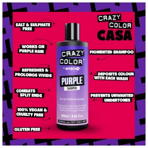 Crazy Color Purple Shampoo ist ein Shampoo der bekannten Marke Crazy Color. Dieses Shampoo enthält violette Pigmente, die dem Haar einen wunderschönen violetten Reflex verleihen. Es wurde entwickelt, um lebendiges violettes Haar zu erhalten und ist die perfekte Ergänzung zu Crazy Color semi-permanenten Farbpalette. Es ist wichtig zu verstehen, dass Purple Shampoo keinen großen Unterschied macht, wenn die Haare vorher nicht gefärbt wurden. Dieses Shampoo eignet sich am besten zur Erhaltung und Verbesserung der zuvor mit Crazy Color gefärbten Haarfarbe.