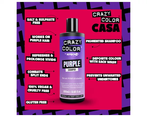 Crazy Color Purple Shampoo ist ein Shampoo der bekannten Marke Crazy Color. Dieses Shampoo enthält violette Pigmente, die dem Haar einen wunderschönen violetten Reflex verleihen. Es wurde entwickelt, um lebendiges violettes Haar zu erhalten und ist die perfekte Ergänzung zu Crazy Color semi-permanenten Farbpalette. Es ist wichtig zu verstehen, dass Purple Shampoo keinen großen Unterschied macht, wenn die Haare vorher nicht gefärbt wurden. Dieses Shampoo eignet sich am besten zur Erhaltung und Verbesserung der zuvor mit Crazy Color gefärbten Haarfarbe.