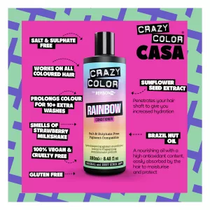Crazy Color Rainbow Conditioner ist ein Conditioner/Spülung der bekannten Marke Crazy Color, der die Farbe gefärbter Haare erhalten und verbessern soll. Diese Spülung ist so formuliert, dass sie den Verlust der Haarfarbe minimiert und dafür sorgt, dass die Farbe länger hält.