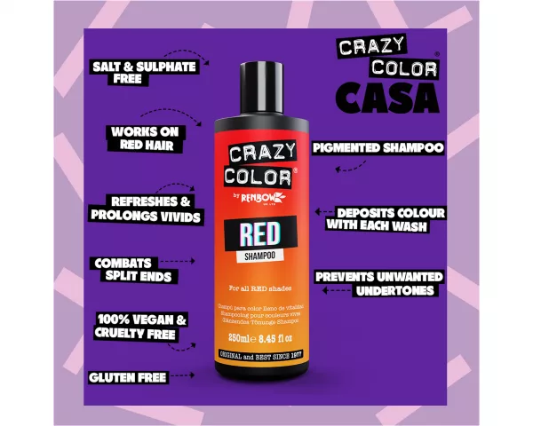 Crazy Color Rot Shampoo ist ein Shampoo der bekannten Marke Crazy Color. Dieses Shampoo wurde entwickelt, um lebendiges rotes Haar zu erhalten und ist der perfekte Partner für Crazy Color semi-permanente Farbpalette. Dieses leuchtend rote Shampoo ist frei von schädlichen Chemikalien, um nach jeder Wäsche gesunde Ergebnisse zu erzielen. Es ist wichtig zu verstehen, dass Rot Shampoo keinen großen Unterschied macht, wenn die Haare vorher nicht gefärbt wurden. Dieses Shampoo eignet sich am besten zur Erhaltung und Verbesserung der zuvor mit Crazy Color gefärbten Haarfarbe.