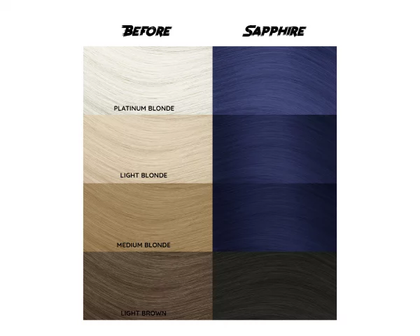 Crazy Color Sapphire 72 ist eine spezielle Haarfarbe aus der Crazy Color Produktreihe. Saphir ist ein luxuriöses königsblaues Haarfärbemittel, das mit Quarz für ein wirklich metallisches Finish durchtränkt ist. Dieser dunkelblaue Farbton hat schillernden Spiegelglanz und wird unter den Lichtern funkeln.