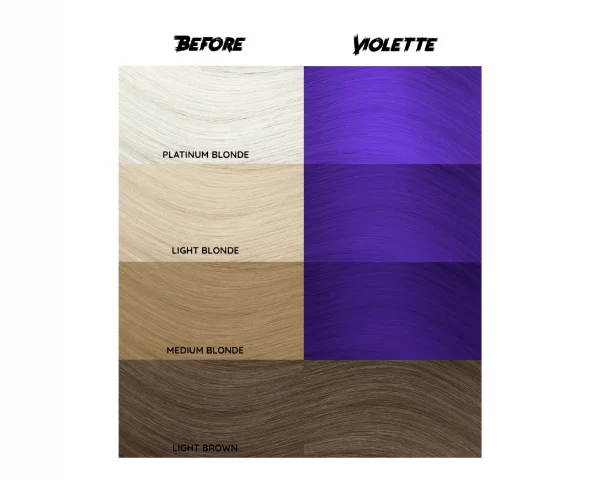 Crazy Color Violette 43 ist eine spezielle Haarfarbe aus der Crazy Color Produktreihe. Violette ist ein semi-permanentes tiefviolettes Haarfärbemittel, das subtile Untertöne von Blau hat.