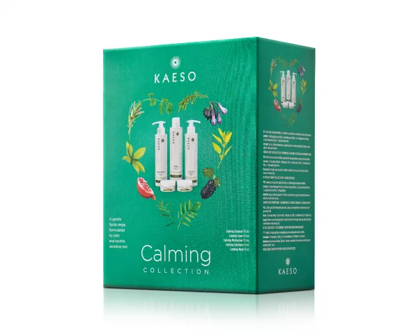 Kaeso Beauty Calming Collection, eine Produktlinie von Kaeso, die speziell für die Pflege sensibler Haut entwickelt wurde. Die Calming Collection enthält eine Auswahl an Produkten, die dazu beitragen, die Haut zu beruhigen, zu pflegen und Irritationen zu reduzieren.