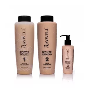 Kit enthält: Shampoo 1000 ml + Conditioner 1000 ml + Cream 150 ml. Raywell Boto Hair Gold, mit Kapillar-Botulin, von italienischer Marke Raywell , ist speziell für zerfasertes, geschädigtes oder dünnes Haar formuliert.