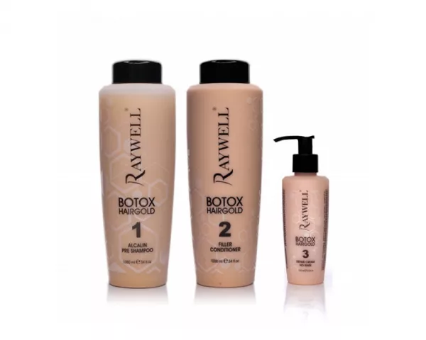 Kit enthält: Shampoo 1000 ml + Conditioner 1000 ml + Cream 150 ml. Raywell Boto Hair Gold, mit Kapillar-Botulin, von italienischer Marke Raywell , ist speziell für zerfasertes, geschädigtes oder dünnes Haar formuliert.