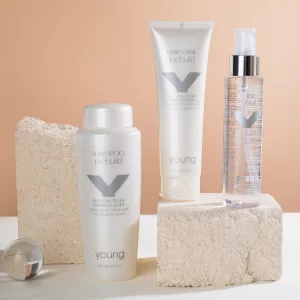 Young Y-Rebuild Shampoo, Maske und Fluid, der italienischen Marke Young, mit Macadamia und Keratin, speziell entwickelt für behandeltes Haar.
