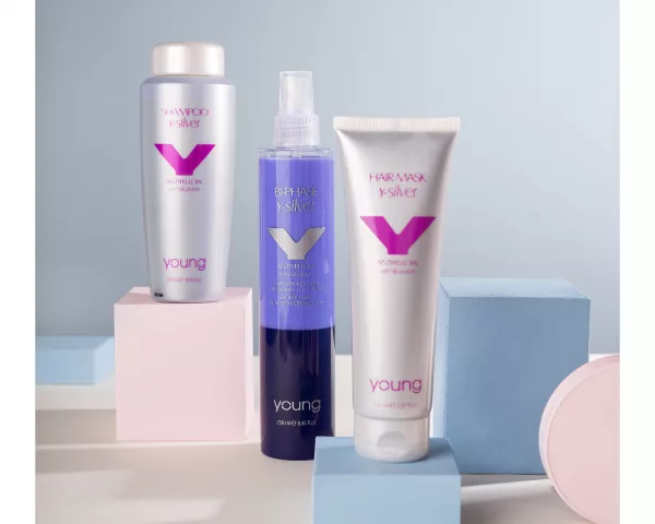 Young Y-Silver Shampoo, Maske und Bi-Phase zur Neutralisierung von Gelbstich für blondes, graues, gebleichtes und gesträhntes Haar.