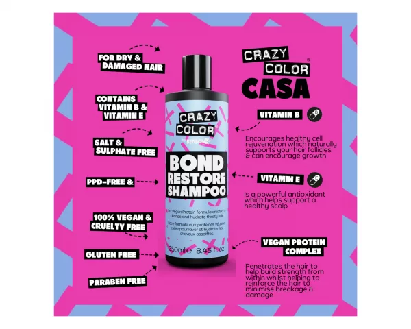 Das Crazy Color Bond Restore Shampoo ist ein unverzichtbares Pflegemittel für trockenes, strapaziertes, gebleichtes und/oder farbbehandeltes Haar. Unsere vegane Proteinkomplex-Formel dringt tief ins Haar ein, um es von innen heraus zu stärken.