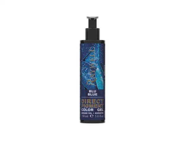 BLUE– RV325 Die Raywell Gel-Farbpigmente, erhältlich in der 150-ml-Flasche, besitzen eine konditionierende Wirkung und sind angereichert mit Keratin und Arganöl. Sie eignen sich für den Einsatz auf gebleichtem Haar, um brillante Effekte zu erzielen.