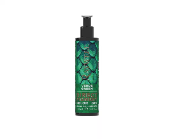 GREEN– RV327. Die Raywell Gel-Farbpigmente, erhältlich in der 150-ml-Flasche, besitzen eine konditionierende Wirkung und sind angereichert mit Keratin und Arganöl. Sie eignen sich für den Einsatz auf gebleichtem Haar, um brillante Effekte zu erzielen.